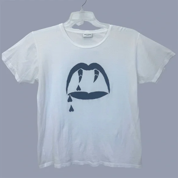 Saint Laurent Paris Vampire Teeth Blood Luster Mens White T-shirt